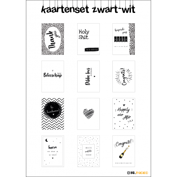 Wenskaartenset zwart/wit (12-delig)